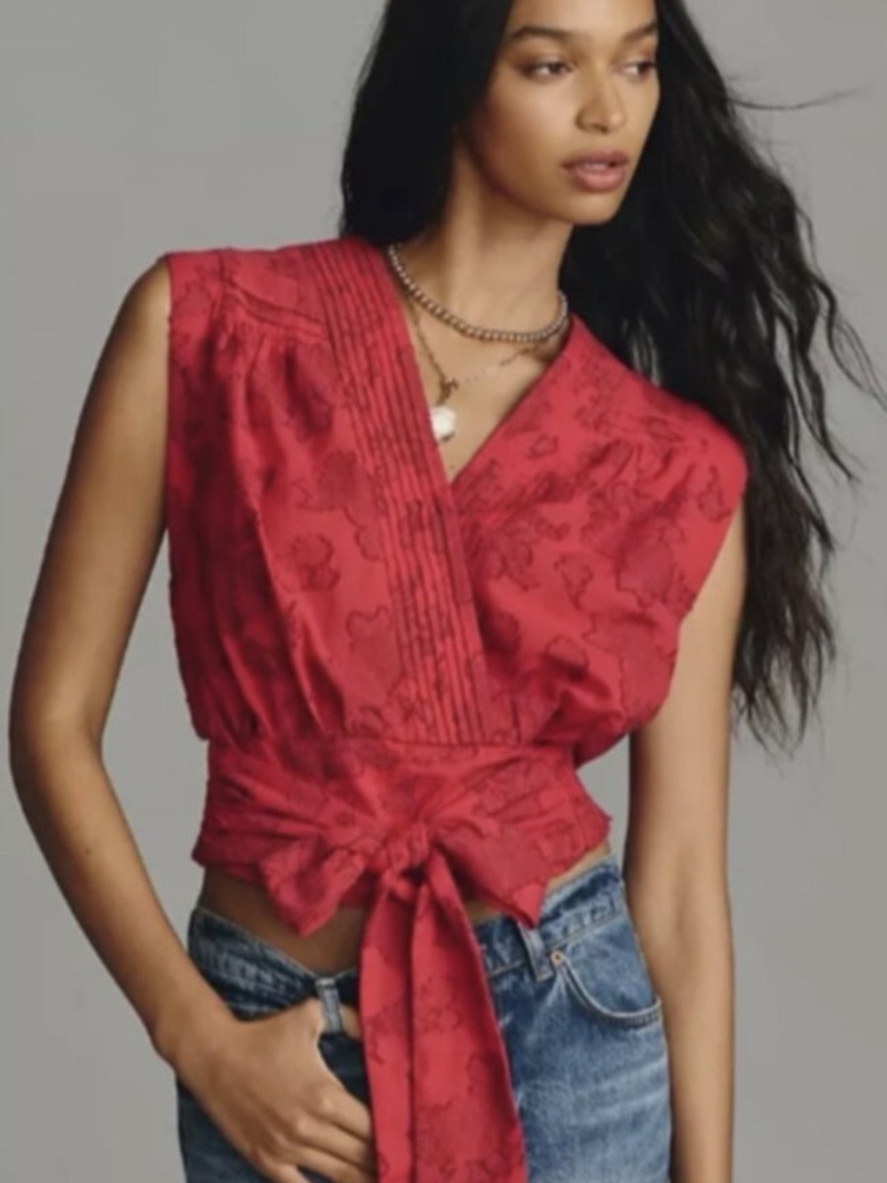 By Anthropologie Red Floral Sleeveless Wrap Blouse Tie Waist L